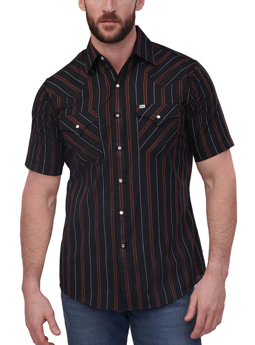 Ely and Walker Mens Western Stripe Snap Black Poly/Cotton S/S Shirt