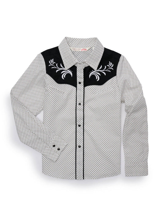 Ely and Walker Kids Girls Scroll Embroidery White/Black 100% Cotton L/S Shirt