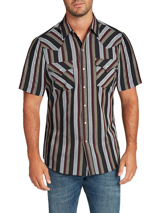 Ely and Walker Mens Stripe Western Snap Burgundy Poly/Cotton S/S Shirt