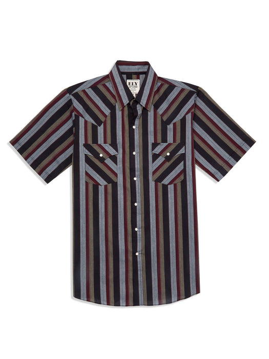 Ely and Walker Mens Stripe Western Snap Burgundy Poly/Cotton S/S Shirt