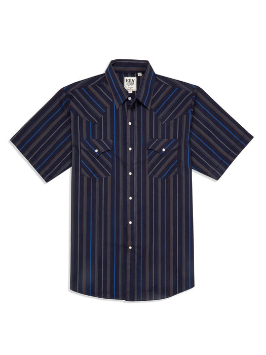 Ely and Walker Mens Stripe Western Snap Navy Poly/Cotton S/S Shirt