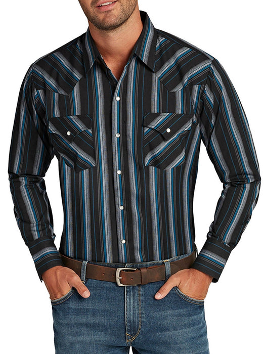 Ely and Walker Mens Stripe Western Snap Black Poly/Cotton L/S Shirt