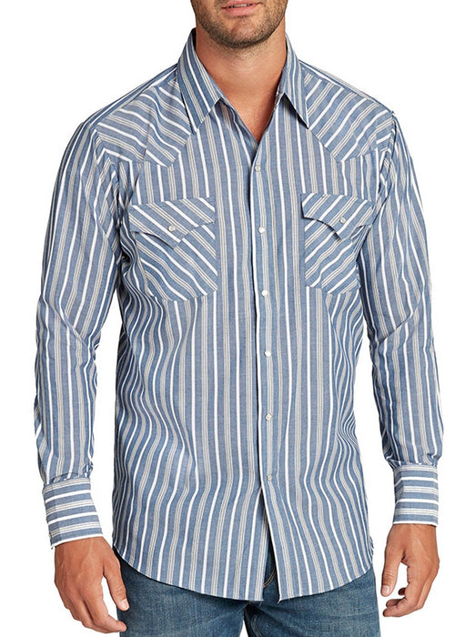 Ely and Walker Mens Stripe Western Snap Blue Poly/Cotton L/S Shirt