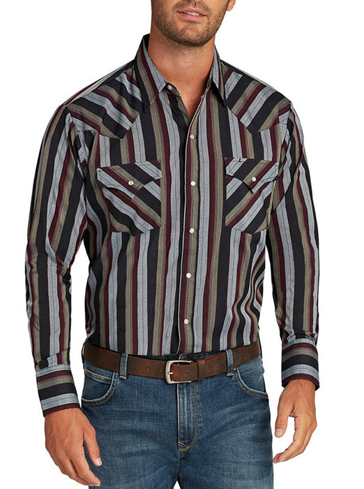 Ely and Walker Mens Stripe Western Snap Brown Poly/Cotton L/S Shirt