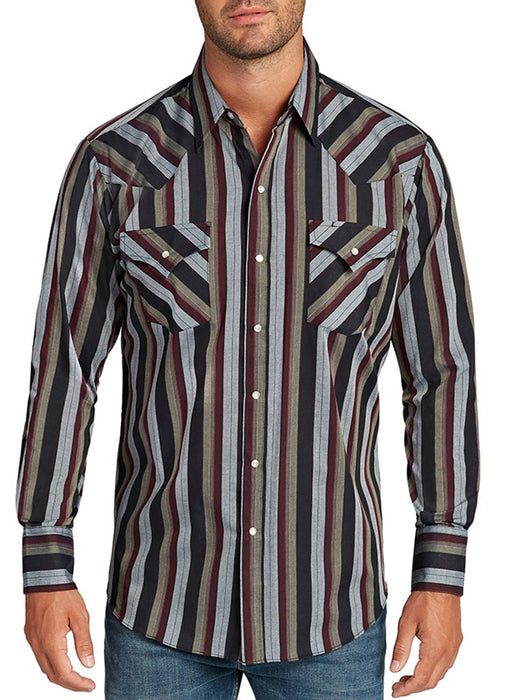 Ely and Walker Mens Stripe Western Snap Blue Poly/Cotton L/S Shirt