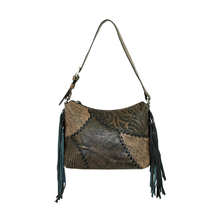 American West Womens Gypsy Patch Distressed Charcoal Brown Leather Handbag Bag