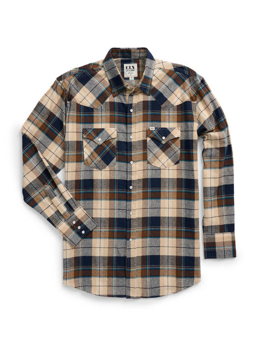 Ely and Walker Mens Western Plaid Flannel Natural/Blue 100% Cotton L/S Shirt