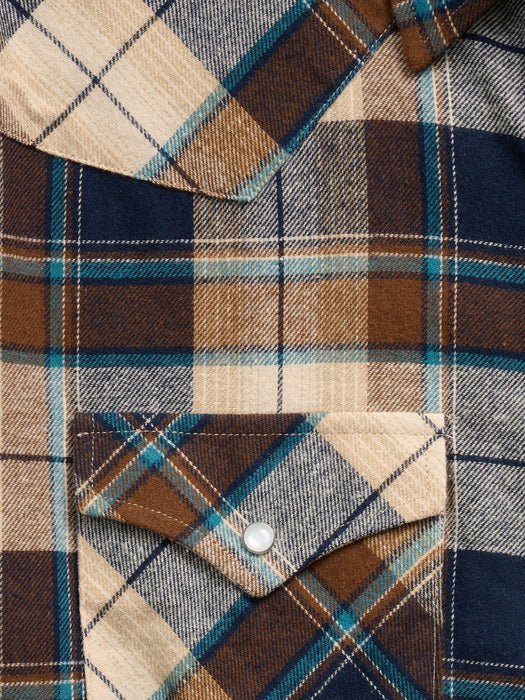 Ely and Walker Mens Western Plaid Flannel Natural/Blue 100% Cotton L/S Shirt
