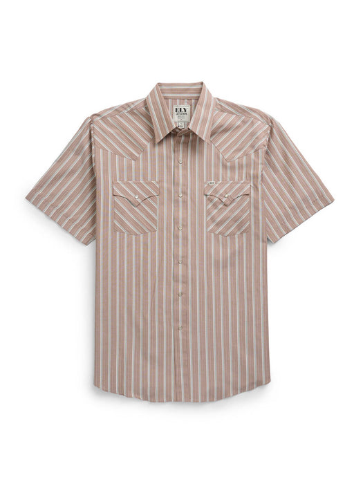 Ely and Walker Mens Western Stripe Snap Blue/Tan Poly/Cotton S/S Shirt