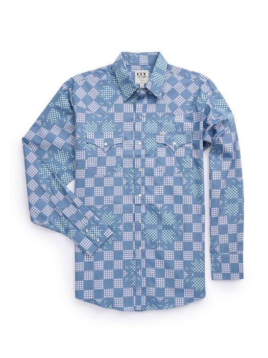 Ely and Walker Mens Checkered Patchwork Snap Denim Blue 100% Cotton L/S Shirt