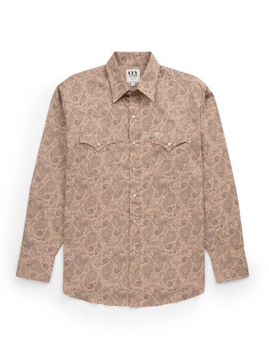 Ely and Walker Mens Paisley Print Snap Khaki 100% Cotton L/S Shirt