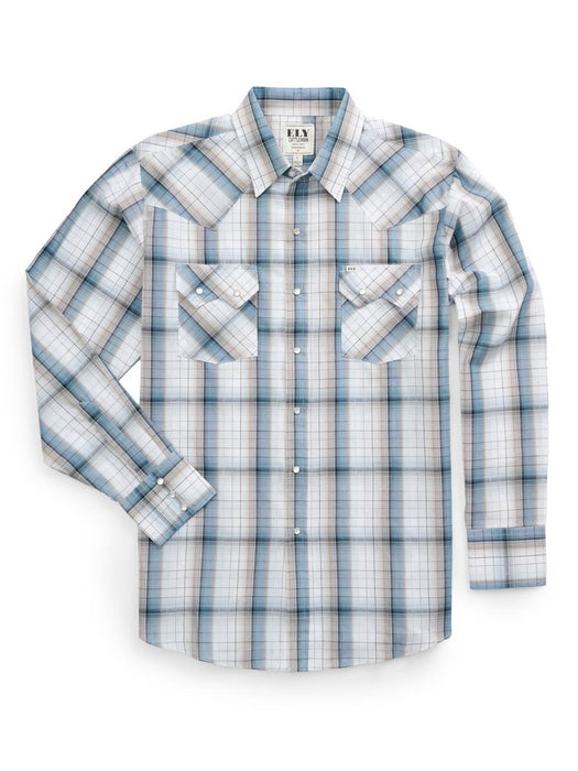 Ely and Walker Mens Textured Western Plaid Rust/Blue Poly/Cotton L/S Shirt