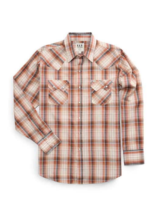 Ely and Walker Mens Textured Western Plaid Rust/Blue Poly/Cotton L/S Shirt