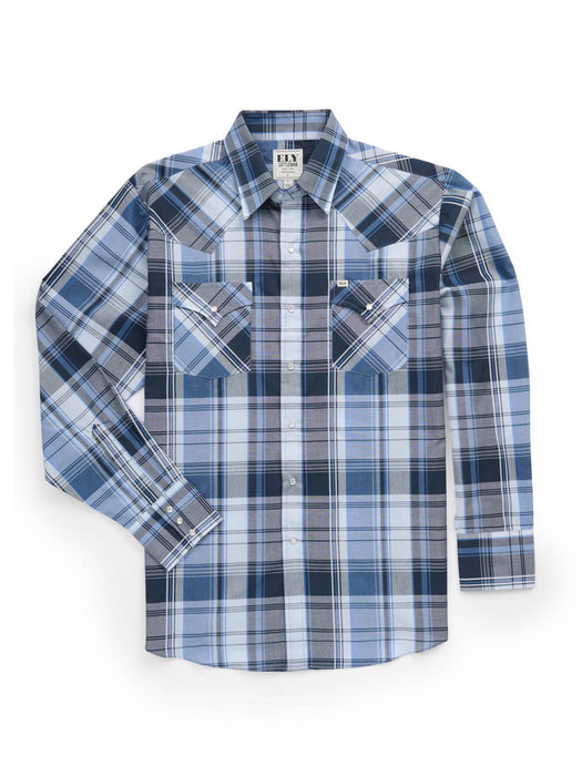 Ely and Walker Mens Western Textured Plaid Blue Poly/Cotton L/S Shirt
