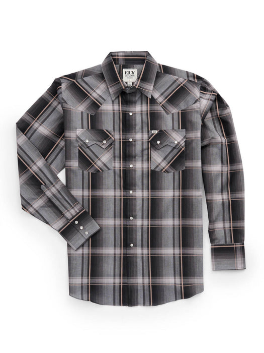 Ely and Walker Mens Western Textured Plaid Sawtooth Black Poly/Cotton L/S Shirt