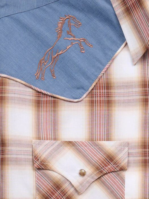 Ely and Walker Mens Horse Embroidery Plaid Tan Poly/Cotton L/S Shirt