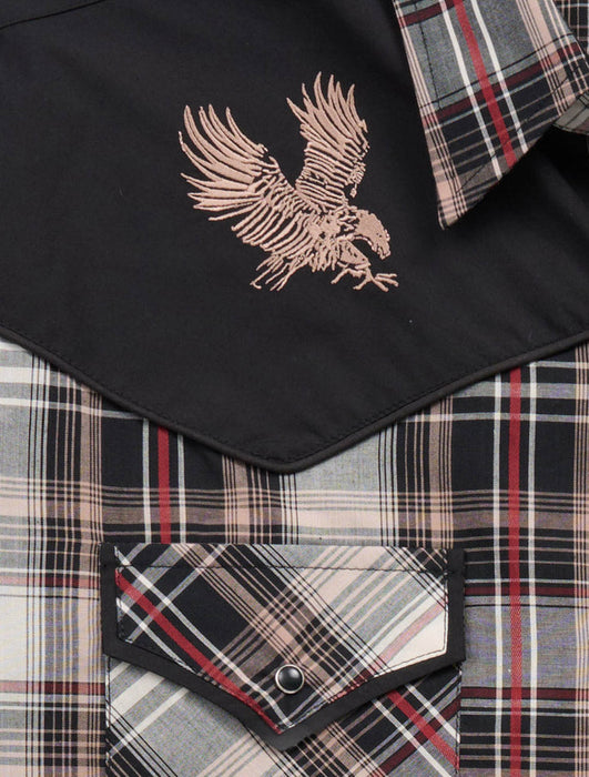 Ely and Walker Mens Eagle Embroidery Plaid Khaki Poly/Cotton L/S Shirt