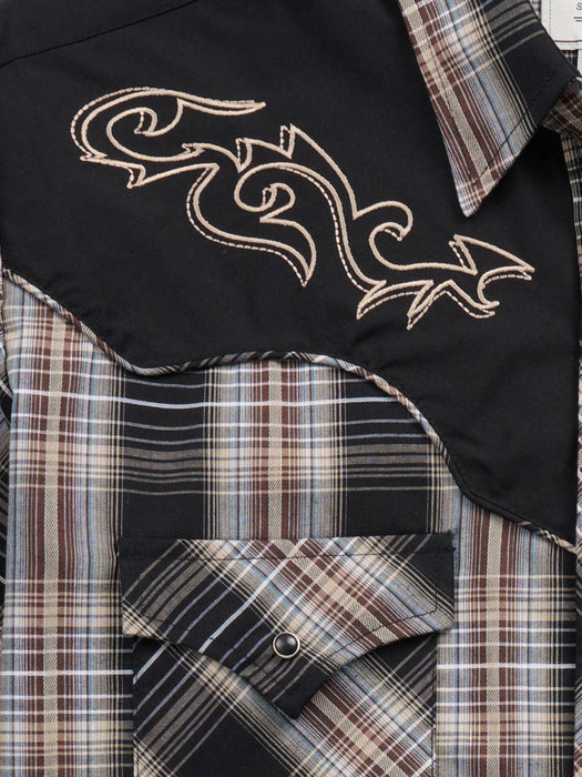 Ely and Walker Mens Scroll Embroidery Plaid Black Poly/Cotton L/S Shirt