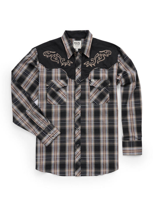 Ely and Walker Mens Scroll Embroidery Plaid Black Poly/Cotton L/S Shirt