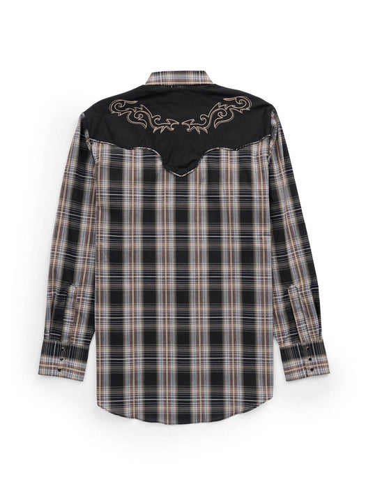 Ely and Walker Mens Scroll Embroidery Plaid Black Poly/Cotton L/S Shirt