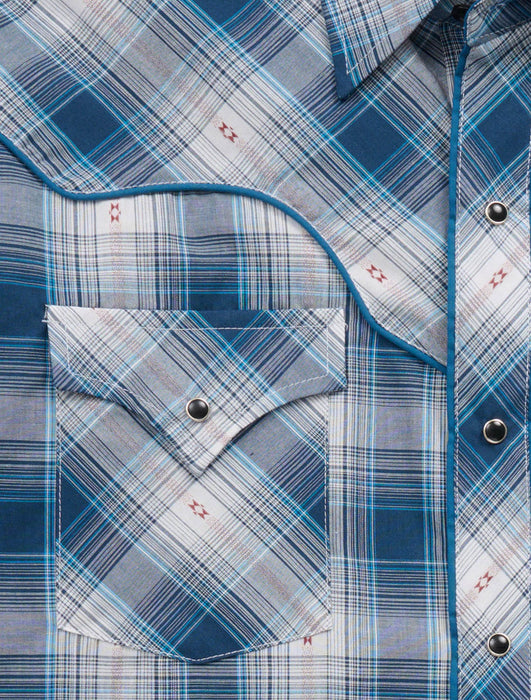 Ely and Walker Mens Retro Plaid Piping Blue Poly/Cotton L/S Shirt