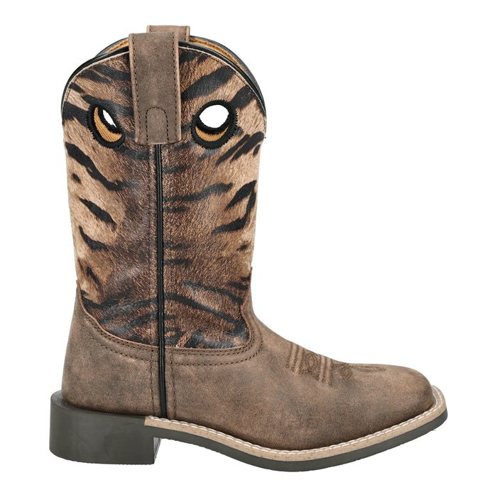 Smoky Mountain Boots Kids Girls Safari Brown Distress/Tiger Leather Cowboy Boots