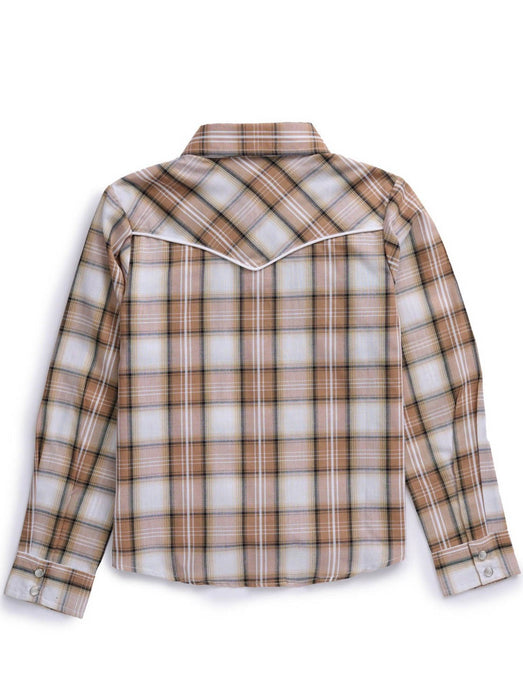 Ely and Walker Kids Girls Floral Embroidery Plaid Khaki Poly/Cotton L/S Shirt