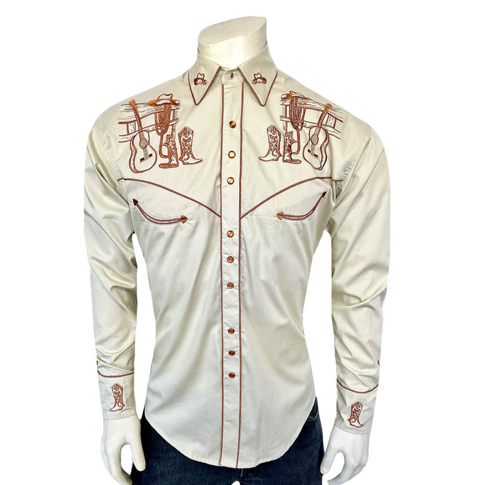 Rockmount Mens Guitar Boot and Hat White 100% Cotton L/S Shirt