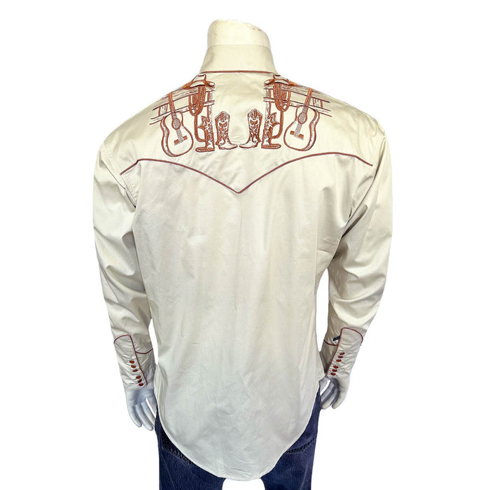 Rockmount Mens Guitar Boot and Hat White 100% Cotton L/S Shirt