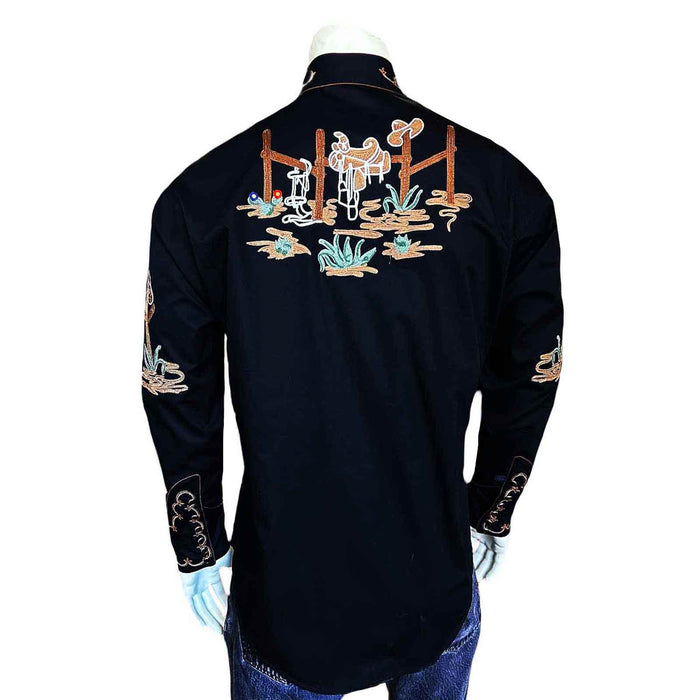Rockmount Mens Cactus and Cowboy Boots Black 100% Cotton L/S Shirt