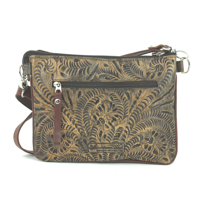 American West Womens Lariats and Lace Distressed Charcoal Leather Crossbody Bag