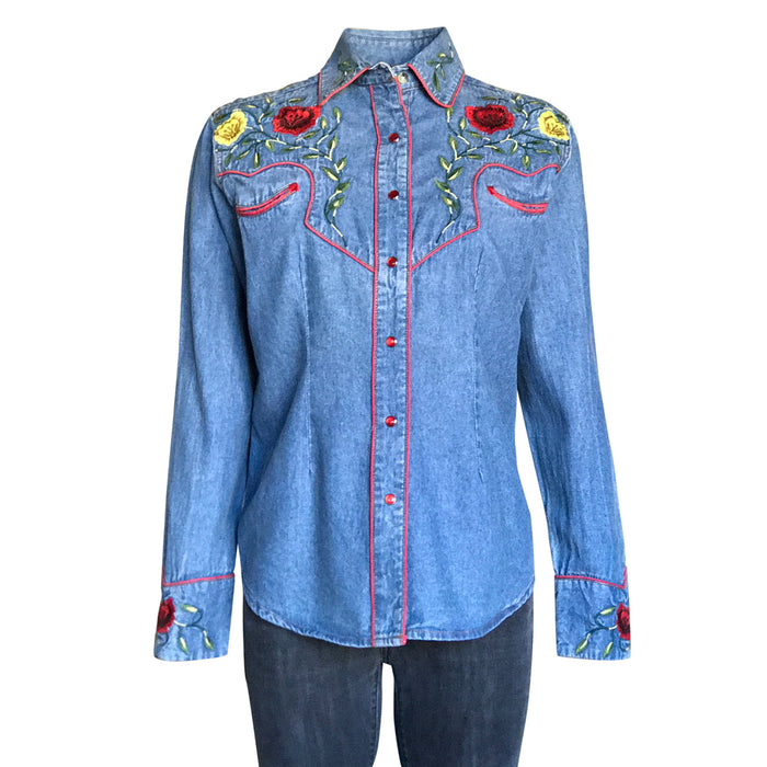 Rockmount Womens Denim 100% Cotton Vintage Floral Embroidery L/S Shirt