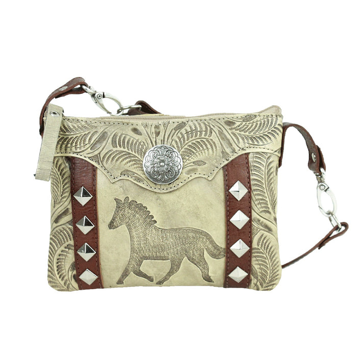 American West Womens Hitchin Post 8in Sand Leather Crossbody Bag