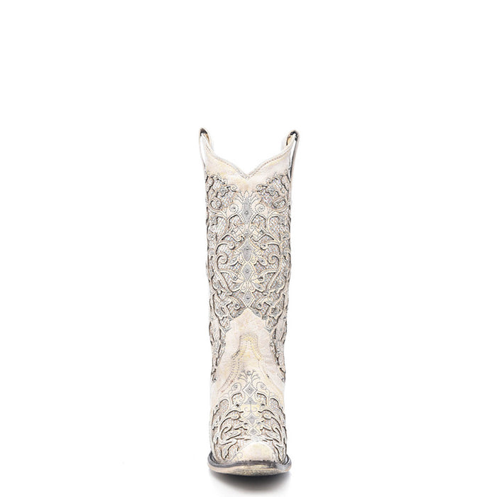 Corral Ladies Inlay White Cowhide Leather Cowgirl Boots