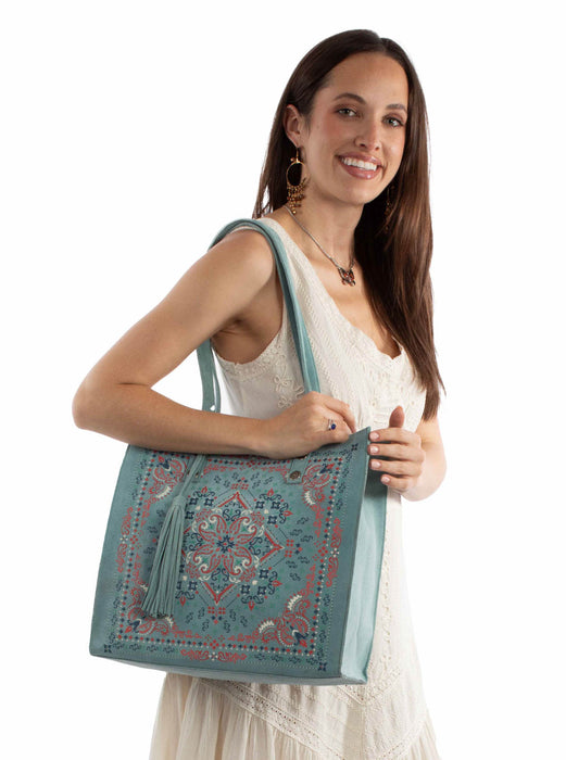 Scully Womens Artisan Print Carryall Turquoise Leather 13x13x4.5in Tote Bag
