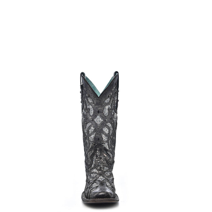Corral Womens Glittered Inlay Studs Black/Silver Cowhide Cowboy Boots