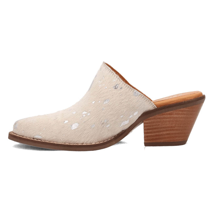 Dingo Womens Cash Cow Silver Hair-on-Hide 2.5in Heel Mules Shoes