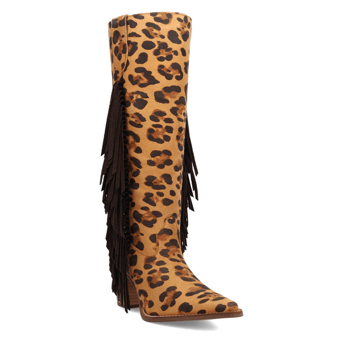 Dingo Womens Twister Leopard Suede 16in Fringe Cowboy Boots
