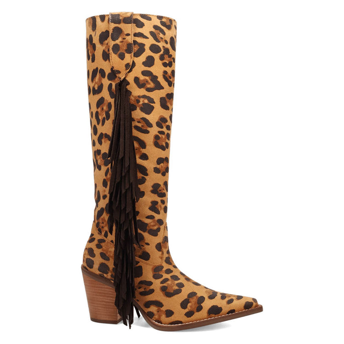 Dingo Womens Twister Leopard Suede 16in Fringe Cowboy Boots
