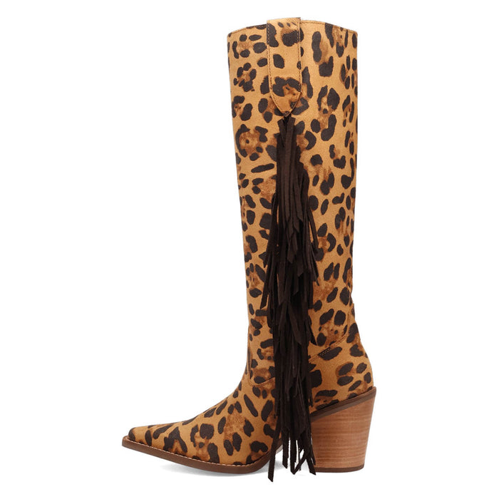 Dingo Womens Twister Leopard Suede 16in Fringe Cowboy Boots