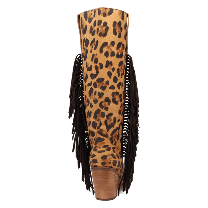 Dingo Womens Twister Leopard Suede 16in Fringe Cowboy Boots