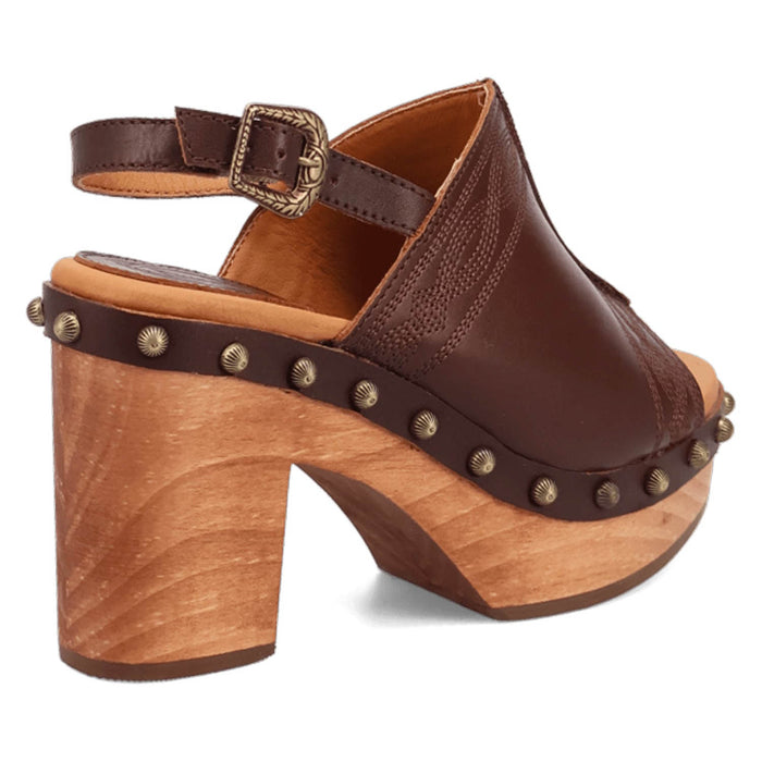 Dingo Womens Clover Wooden Brown Leather Stud Sandals Shoes