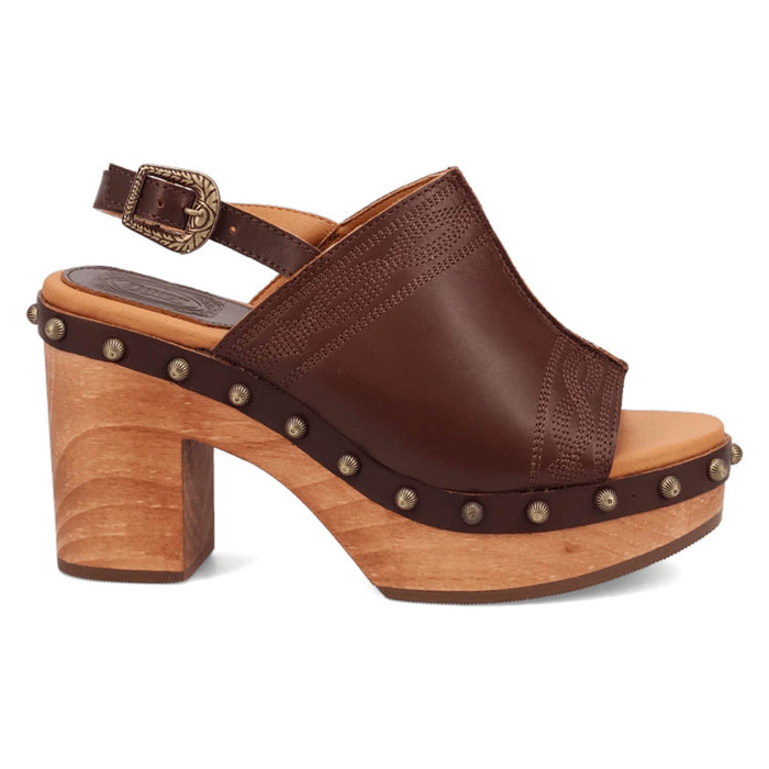 Dingo Womens Clover Wooden Brown Leather Stud Sandals Shoes