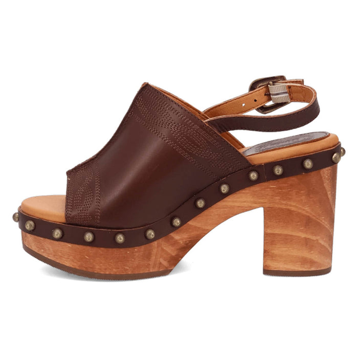 Dingo Womens Clover Wooden Brown Leather Stud Sandals Shoes
