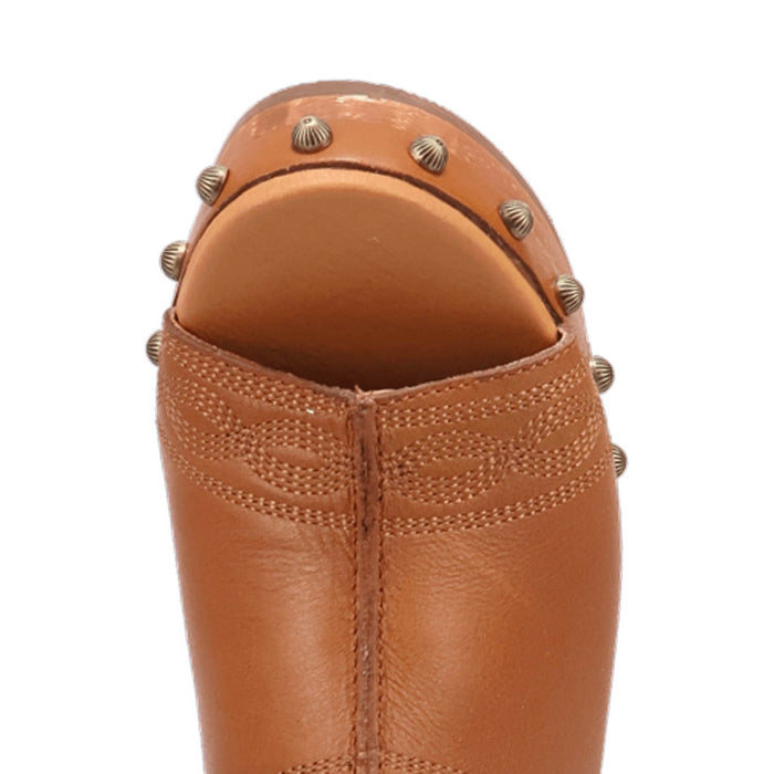 Dingo Womens Clover Wooden Tan Leather Stud Sandals Shoes