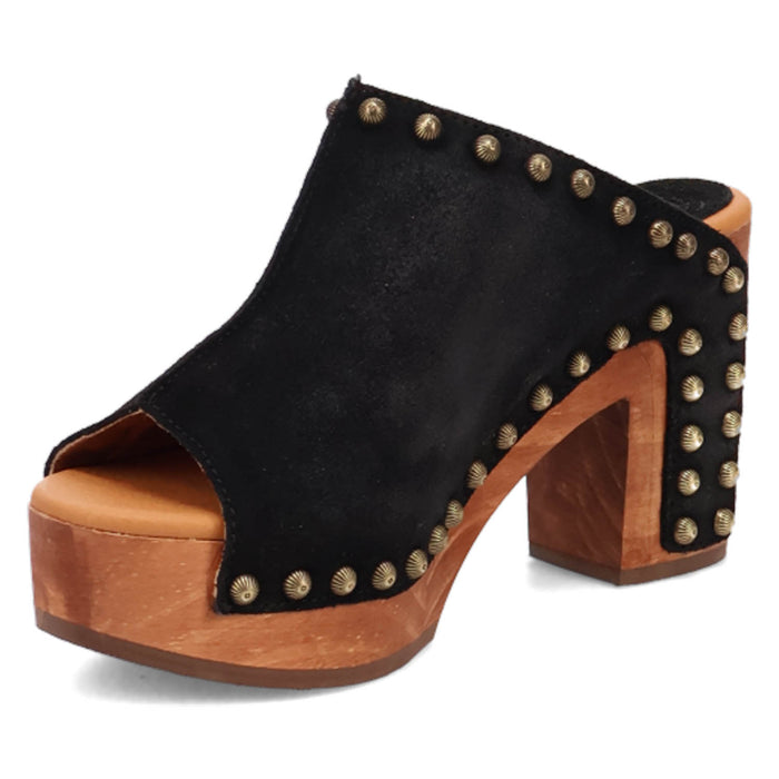 Dingo Womens Echo Wooden Black Leather Stud Sandals Shoes