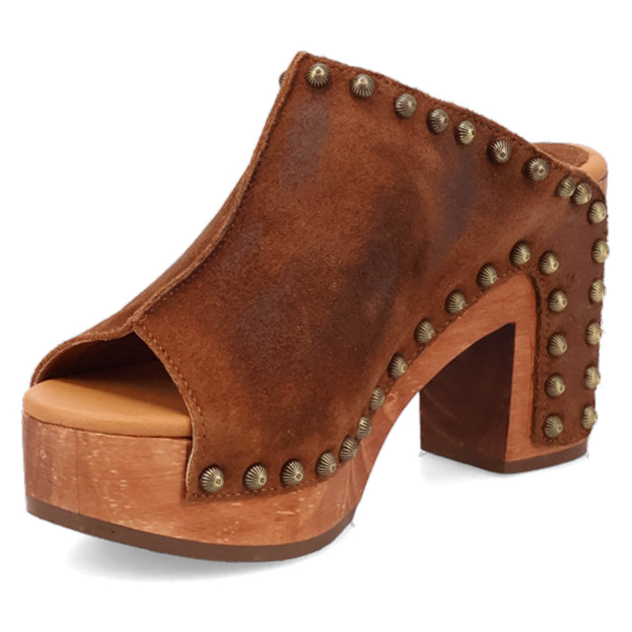Dingo Womens Echo Wooden Brown Leather Stud Sandals Shoes