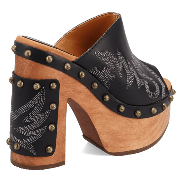 Dingo Womens Free Spirit Wooden Black Leather Stud Sandals Shoes