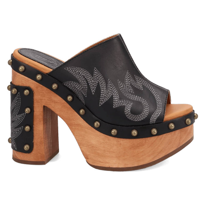 Dingo Womens Free Spirit Wooden Black Leather Stud Sandals Shoes