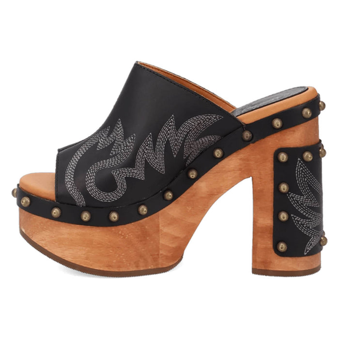 Dingo Womens Free Spirit Wooden Black Leather Stud Sandals Shoes